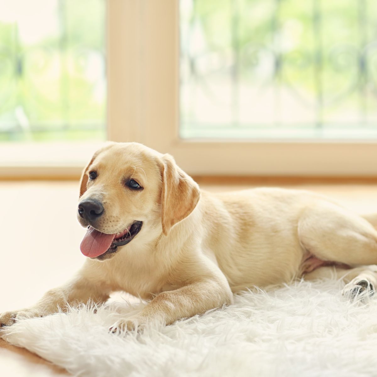 A dog resting comfortably on a soft white rug A dog resting comfortably on a soft white rug