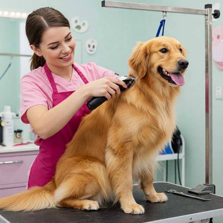 dog being groomed with clippers by a groomer